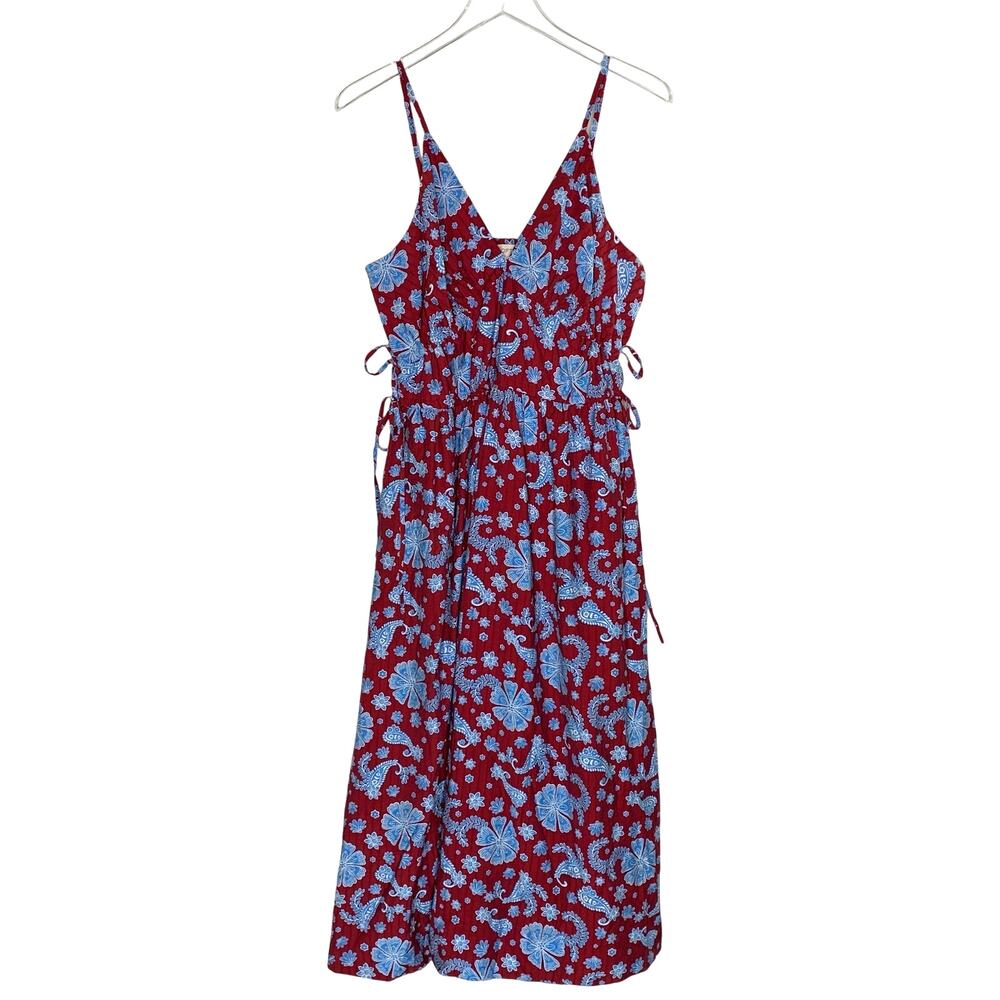 Loft Floral Side Tie Midi Pocket Dress 14P NEW Tiered Stretch Bodice Red Blue - Picture 2 of 10